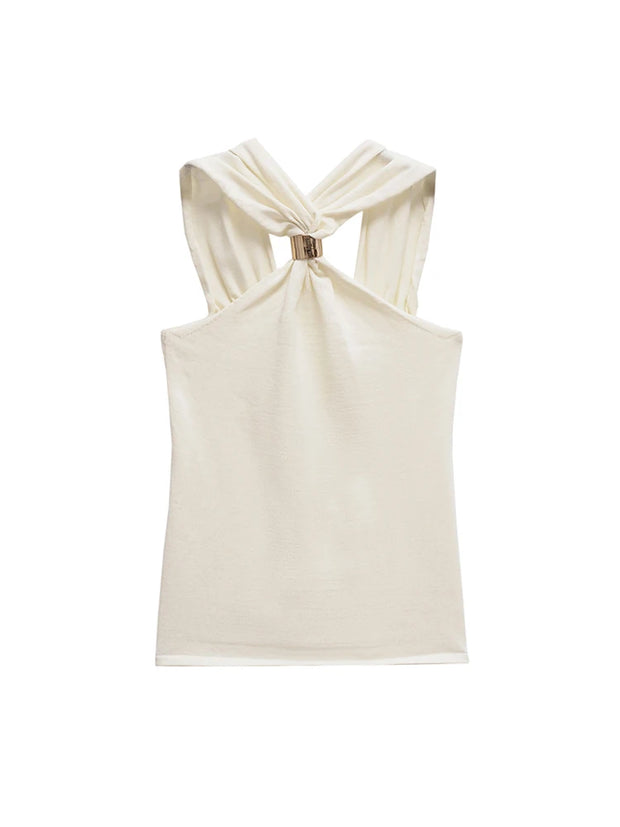 TRZA Women's Knit Halterneck Tank – Gold Appliqué Camisole with Wide Straps