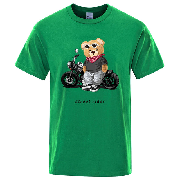 Motorcycle Enthusiast Street Ted Rider Printed T-Shirt Men Loose Casual Short Sleeves Summer Breathable Tee Cotton Clothing