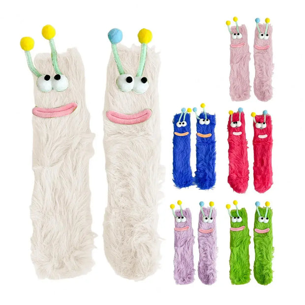 1 Pair Cartoon Socks Funny Expression Decoration Animal Big Eyes Thick Fuzzy Plush Fall Winter Floor Socks Holiday Gift
