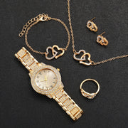 Women’s 6-Piece Rhinestone Quartz Watch & Heart Jewelry Set
