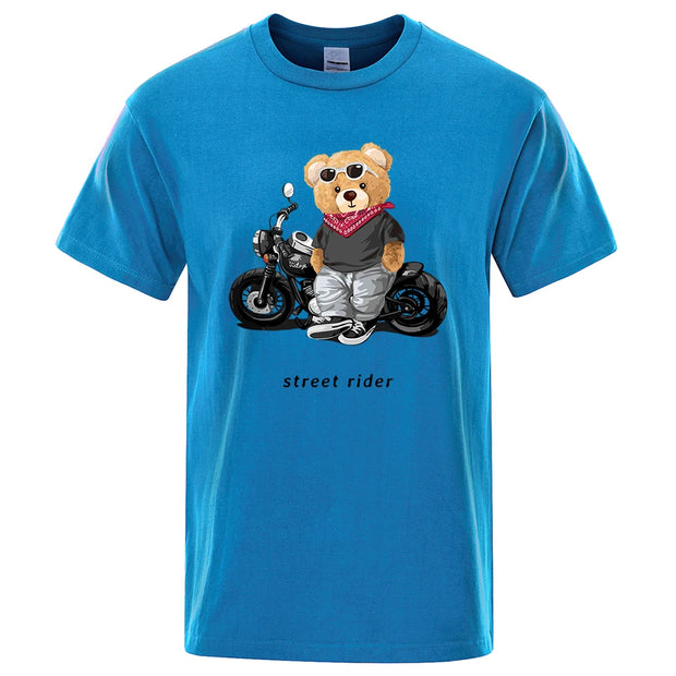 Motorcycle Enthusiast Street Ted Rider Printed T-Shirt Men Loose Casual Short Sleeves Summer Breathable Tee Cotton Clothing