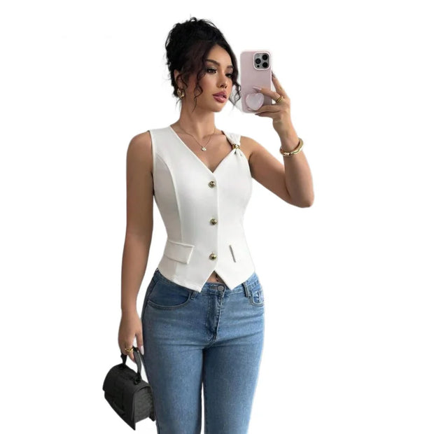 Women's Elegant White Knitted Sleeveless Vest – Slim Fit with Gold Button Detail