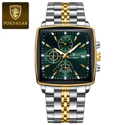 POEDAGAR Men's Square Chronograph Watch – Waterproof, Luminous, Stainless Steel Quartz Timepiece