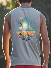 Men's Sleeveless Summer Tank – Coconut Tree & Surfboard Print, Breathable Leisure Fit