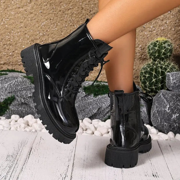 Fall and Winter Thick Bottom Riding Boots Waterproof Platform Lacing Fashion Women's Boots Green Black Large Size 42
