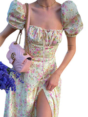 Elegant Women s Maxi Dress with Puff Sleeves Lace-Up Detail Floral Print and High Side Split for a Stylish Look