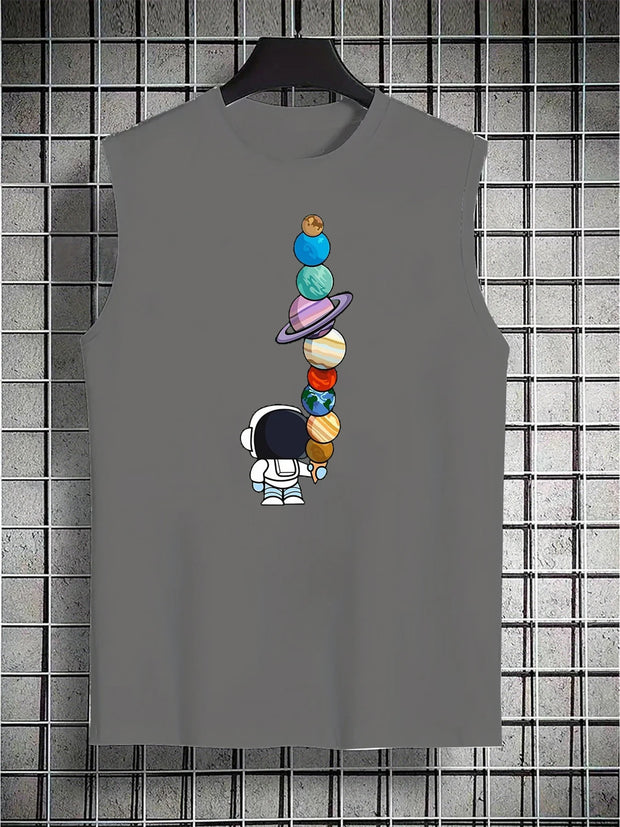 Men's Sleeveless Astronaut Print Tank – Breathable Summer Fitness & Leisure Wear