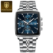 POEDAGAR Men's Square Chronograph Watch – Waterproof, Luminous, Stainless Steel Quartz Timepiece
