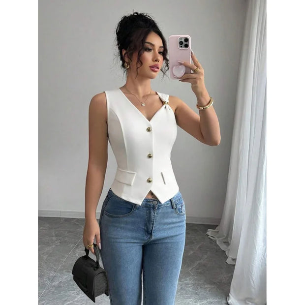 Women's Elegant White Knitted Sleeveless Vest – Slim Fit with Gold Button Detail