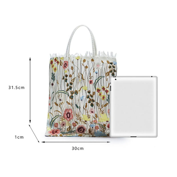 Fashion Tote Bag Summer New Style Mesh Full Embroidery Flowers Clear Shoulder Bag Romantic Handbag Girl Women's Eco Shopping Bag
