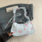 Hand Bags for Ladies Summer Women's BM Style Floral Canvas Pleated Tote Bag Korean Flower Bow Printed Zipper Cute Armpit Bag