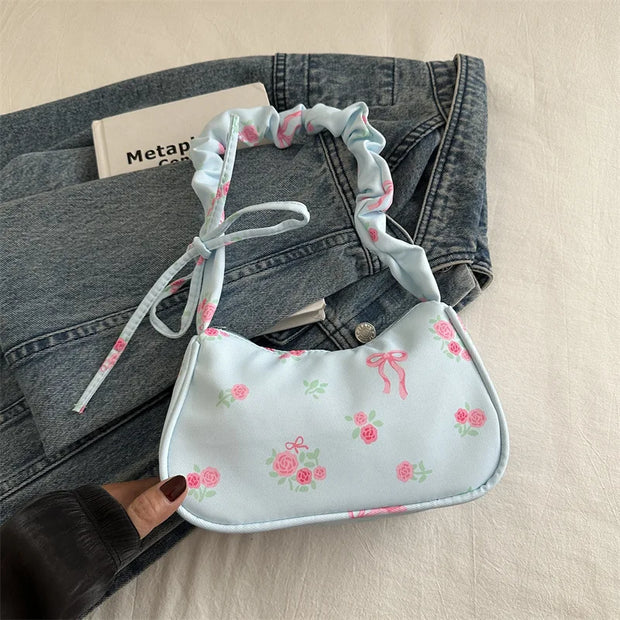 Hand Bags for Ladies Summer Women's BM Style Floral Canvas Pleated Tote Bag Korean Flower Bow Printed Zipper Cute Armpit Bag