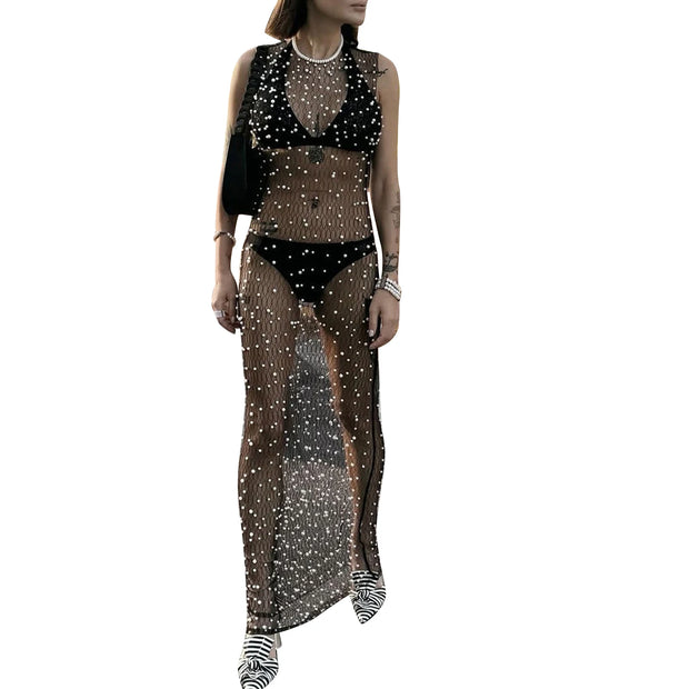 Women s Sheer Mesh Dress Sleeveless Round Neck Pearl Long Dress Bikini Cover Up Dress