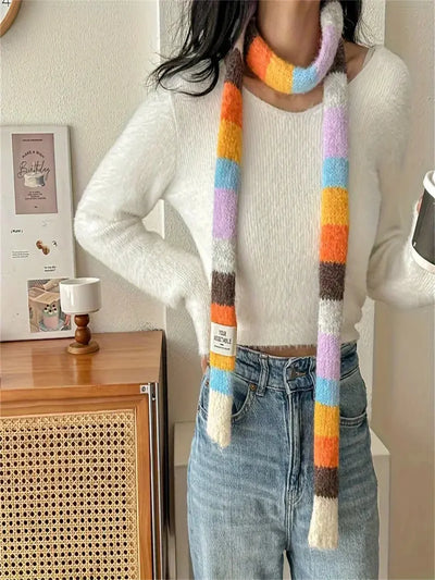 Women's Scarf - Cute Rainbow Stripe Color-Blocking Design, Elastic Stretchy Narrow Scarf for Winter Warmth, Handmade Fashion Acc