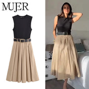 MUJER 2025 Woman Dresses Belt Pleated Midi Dress Women Sleeveless Summer Dress Woman Knitted Party Dresses for Women Sundress