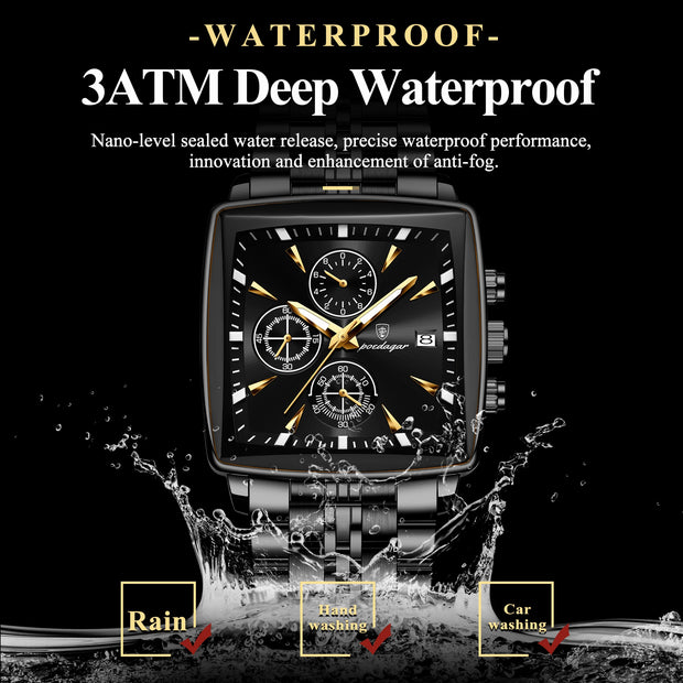 POEDAGAR Men's Square Chronograph Watch – Waterproof, Luminous, Stainless Steel Quartz Timepiece