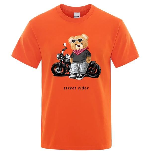 Motorcycle Enthusiast Street Ted Rider Printed T-Shirt Men Loose Casual Short Sleeves Summer Breathable Tee Cotton Clothing