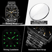 POEDAGAR Men's Square Chronograph Watch – Waterproof, Luminous, Stainless Steel Quartz Timepiece