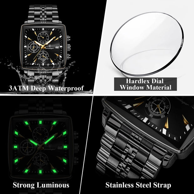 POEDAGAR Men's Square Chronograph Watch – Waterproof, Luminous, Stainless Steel Quartz Timepiece